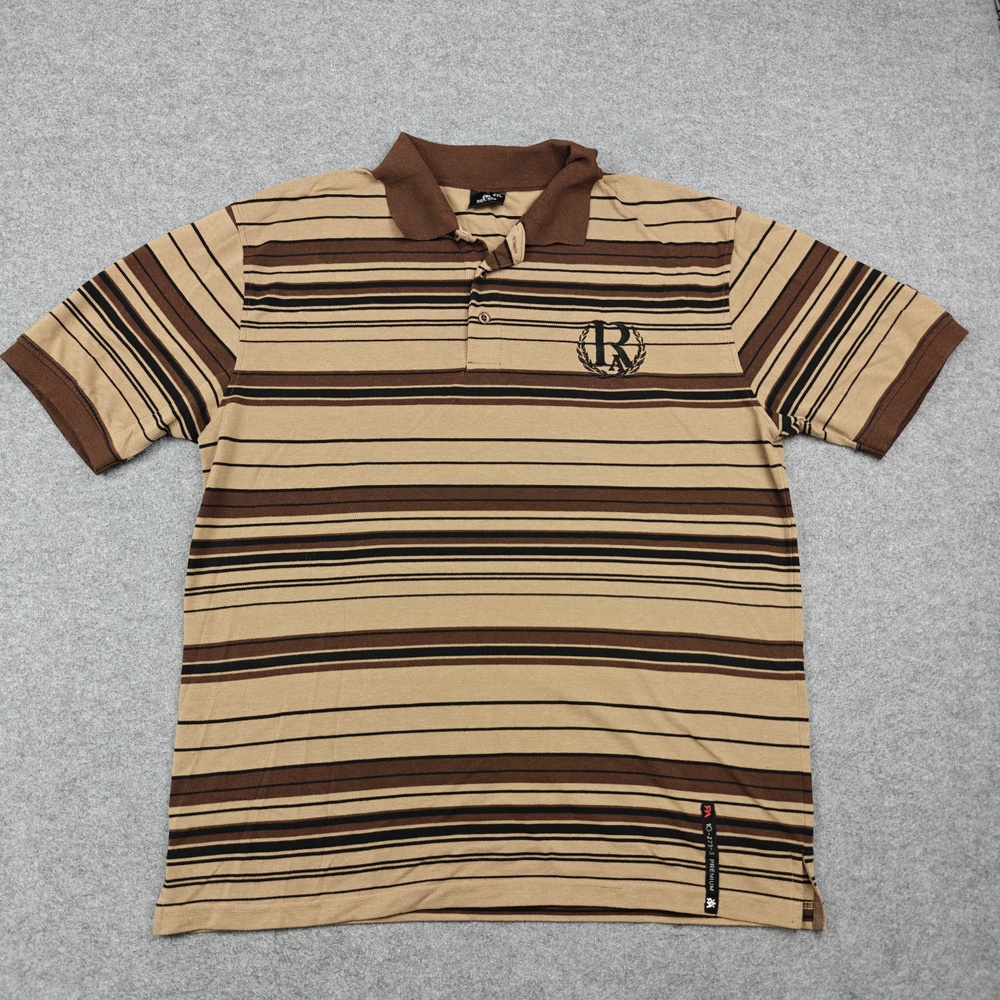 Vintage Red Ape Polo Shirt Mens 2XL Beige Striped Embroidered R Logo Cotton